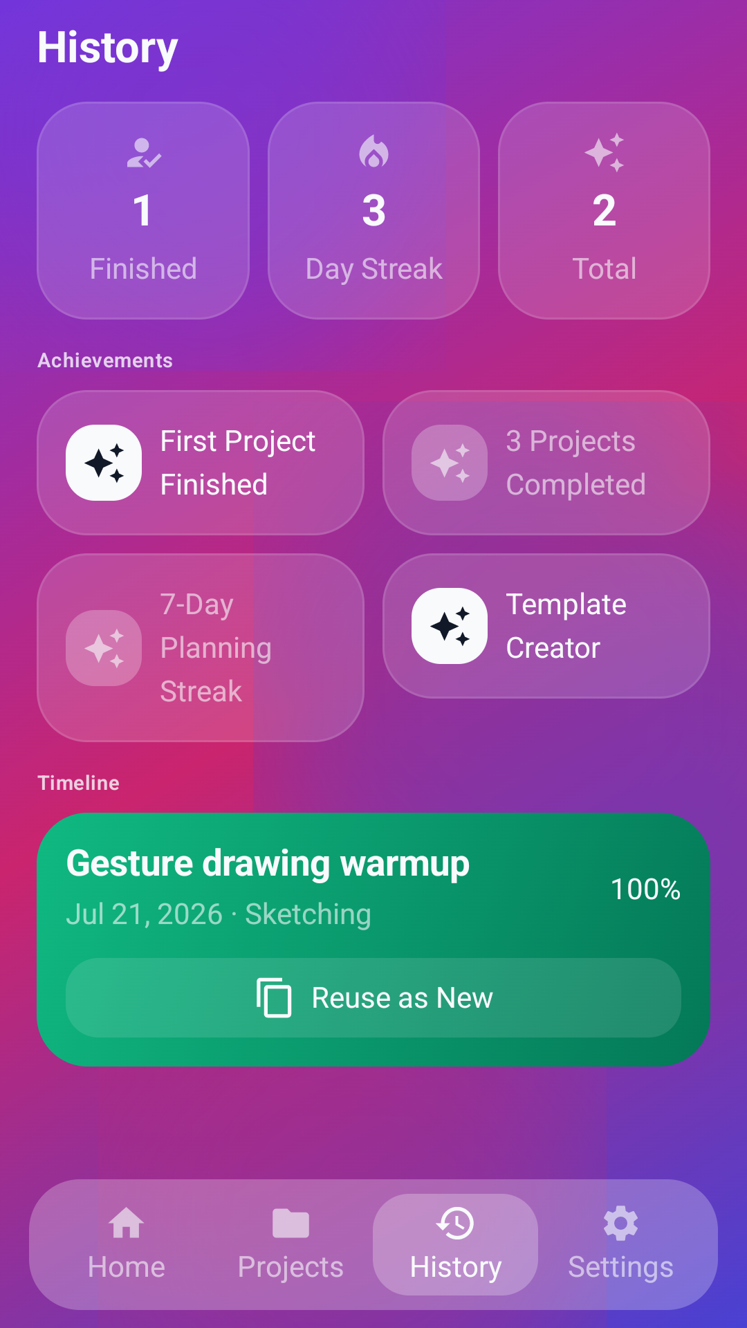 Project history screen