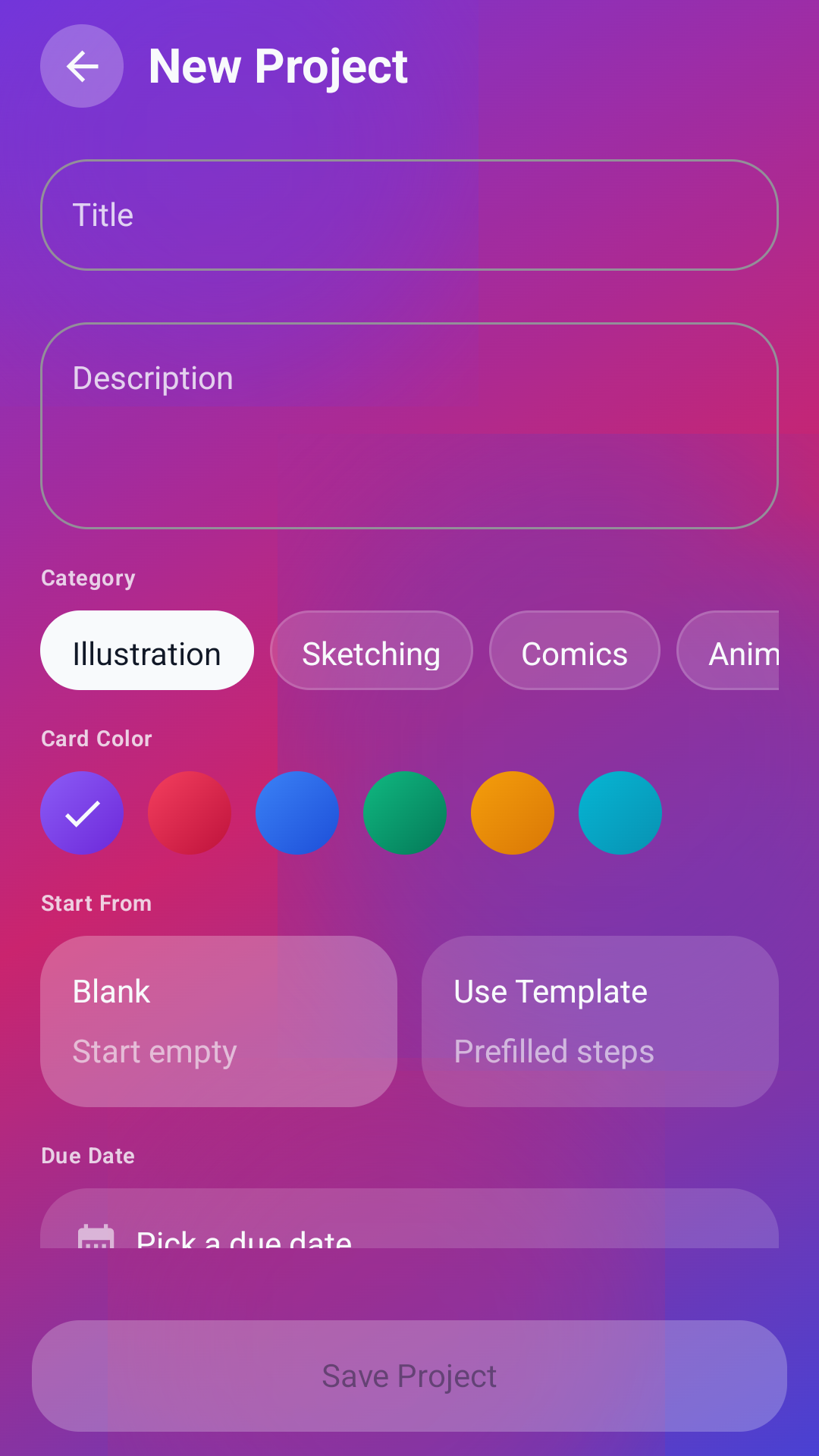 New project screen